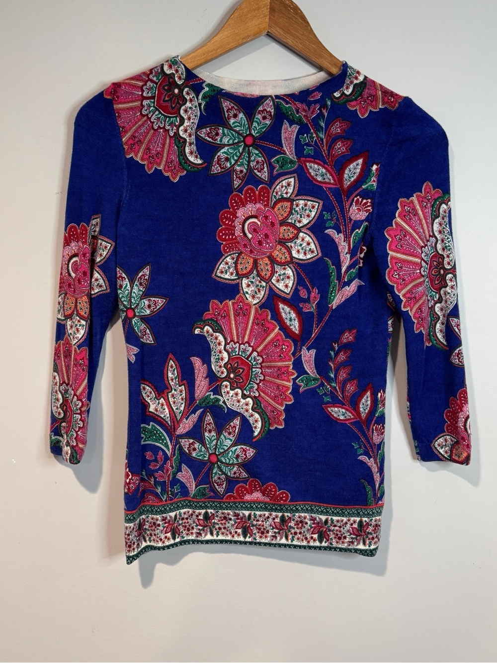 Talbots 100% Merino Wool Audrey Royal Blue & Pink Floral Sweater 3/4 Sleeves XS